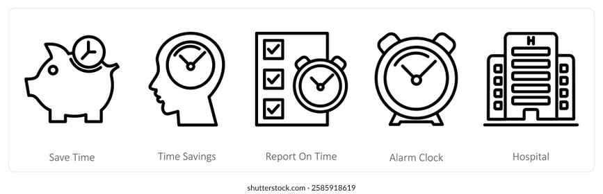 A set of 5 medical icons as save time, time savings, report on time