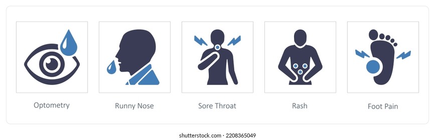 A set of 5 medical icons such as Optometry, Runny Nose, Sore Throat