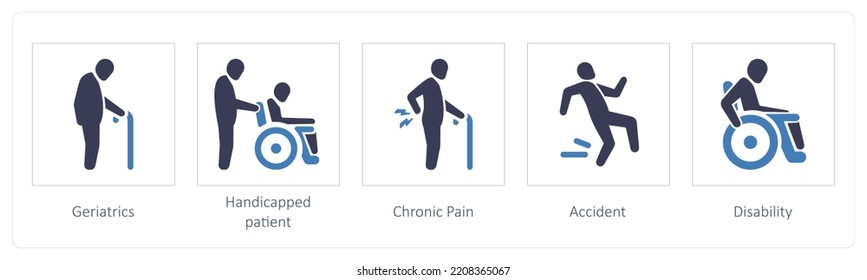 A set of 5 medical icons such as Geriatrics, handicapped patient