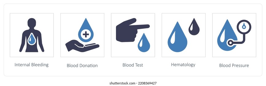 A Set Of 5 Medical Icons Such As Internal Bleeding, Blood Donation