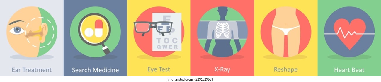 A set of 5 medical icons such as ear treatment, search medicine