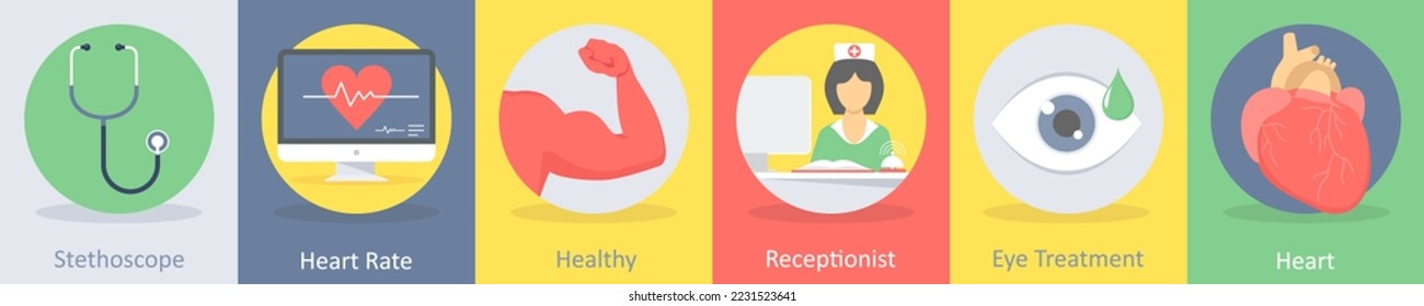 A set of 5 medical icons such as stethoscope, heart rate