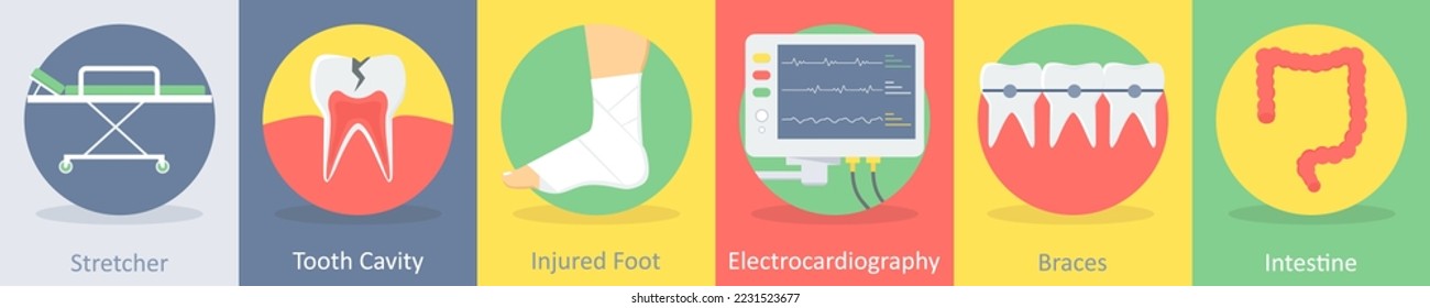 A set of 5 medical icons such as stretcher, tooth cavity