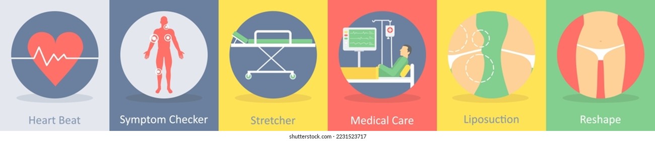 A set of 5 medical icons such as heart beat, symptom checker