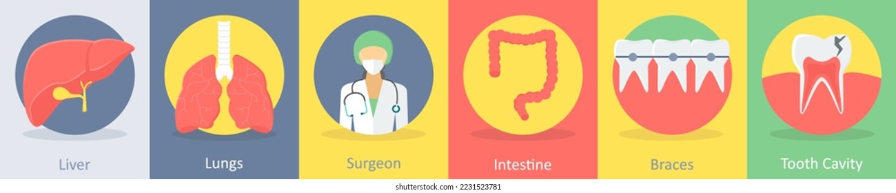 A set of 5 medical icons such as liver, lungs, surgeon, doctor