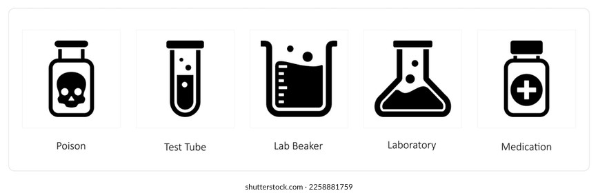 Un conjunto de 5 íconos médicos como veneno, Tubo de prueba, Lab Beaker