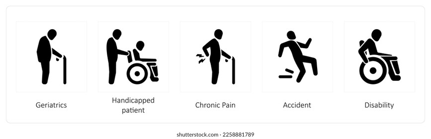 Eine Reihe von 5 medizinischen Symbolen wie Geriatrie, Behinderte