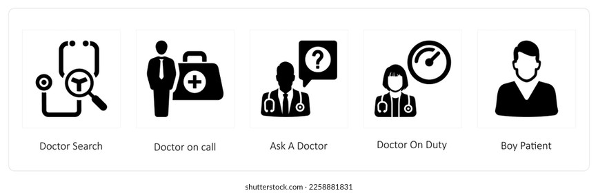 A set of 5 medical icons such as Doctor Search, doctor on call