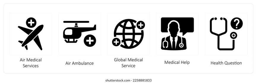 Eine Reihe von 5 medizinischen Symbolen, wie z. B. Flugmedizinische Dienste, Air Ambulance