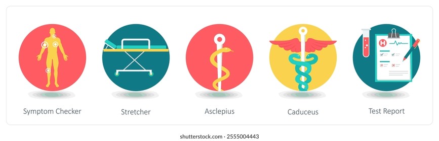 A set of 5 medical icons as symptom checker, stretcher, asclepious