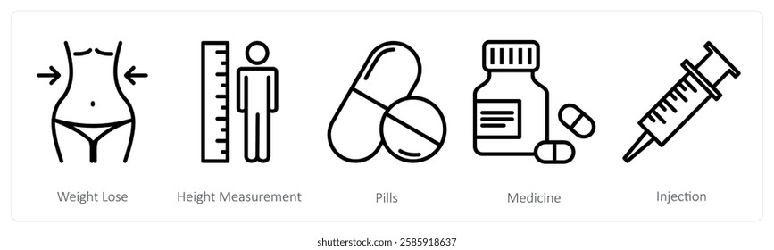 A set of 5 medical icons as weight lose, height measurement, pills