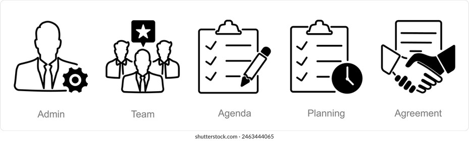 Un conjunto de 5 iconos de reunión como administrador, equipo, agenda