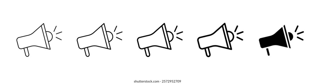 Set of 5 Megaphone icon, 1 Silhouette, 1 unexpanded vector, Megaphone Icon Set, Vector Line Art, Outline, Solid, Marketing, Announcement, Speaker, Loud speaker, volume, Sound