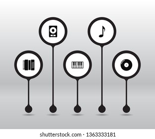 Set of 5 melody icons set. Collection of accordion, piano keys, vinyl and other elements.