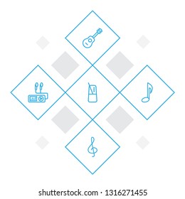 Set of 5 melody icons line style set. Collection of audio player, note, metronome and other elements.