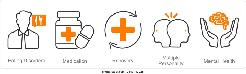 A set of 5 Mental Health icons as eating disorders, medication, recovery