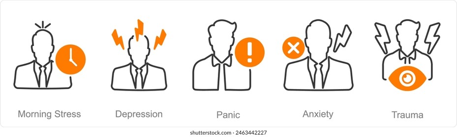 A set of 5 Mental Health icons as morning stress, depression, panic