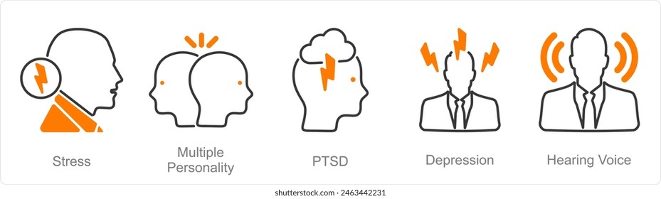 A set of 5 Mental Health icons as stress, multiple personality, ptsd