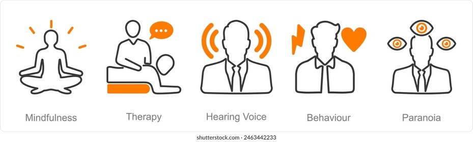 A set of 5 Mental Health icons as mindfulness, therapy, hearing voice