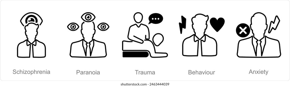 A set of 5 Mental Health icons as schizophernia, paranoia, trauma