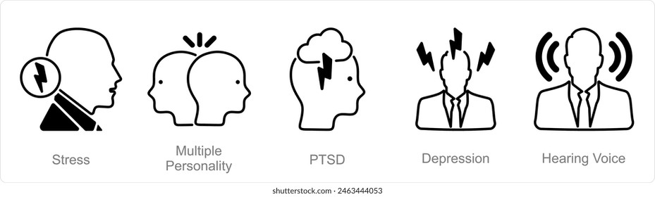 A set of 5 Mental Health icons as stress, multiple personality, ptsd