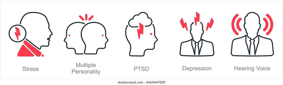 A set of 5 Mental Health icons as stress, multiple personality, ptsd