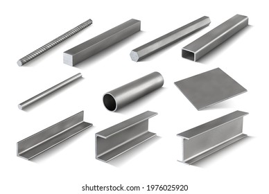 Set 5 of metal parts for metal structures. 3d vector illustration