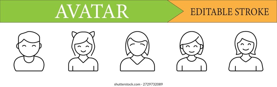 A set of 5 minimalist user avatar line icons. Perfect for profile pictures, UI UX design, and web interfaces with editable strokes.
