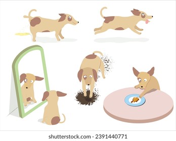 Set of 5 mischief dogs flat color vector in cartoon style isolated on white background. Cute and funny dog colored illustration. Love your pet day.
