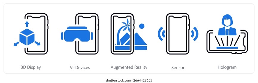 A set of 5 mix icons as 3d display, vr devices, augmented reality