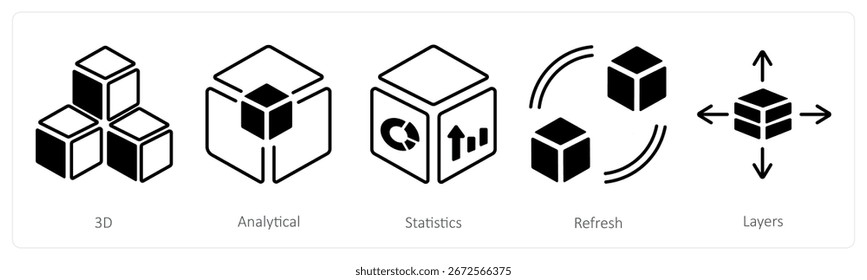 Un conjunto de 5 iconos de la mezcla como 3d, analítico, estadísticas