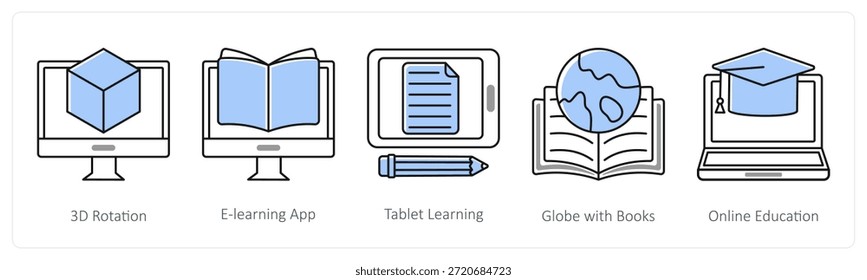 Ein Satz von 5 Mix-Icons als 3D-Rotation, E-Learning-App, Tablet-Lernen in grauer Farbe