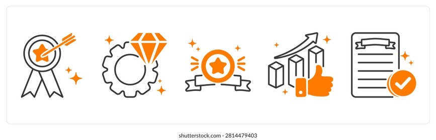 A set of 5 mix icons as accomplishment, excellence, badge, best performance in red color