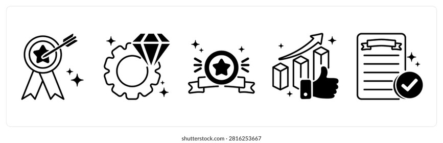 A set of 5 mix icons as accomplishment, excellence, badge, best performance in red color