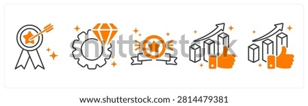A set of 5 mix icons as accomplishment, excellence, badge in red color
