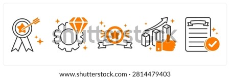 A set of 5 mix icons as accomplishment, excellence, badge, best performance in red color