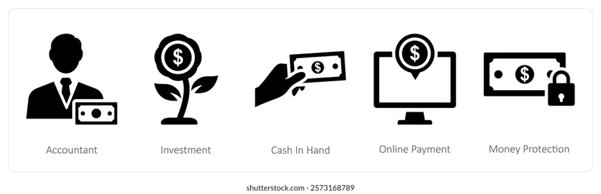 A set of 5 mix icons as accountact, investment, cash in hand