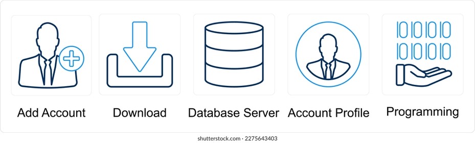 Un conjunto de 5 iconos de mezcla como cuenta de adición, descarga, servidor de bases de datos