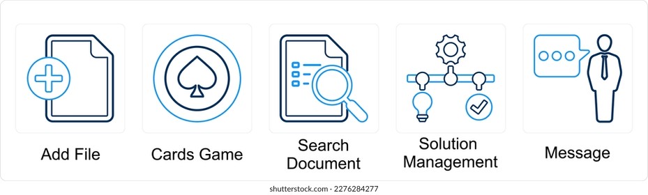 A set of 5 mix icons as add file, cards game, search document