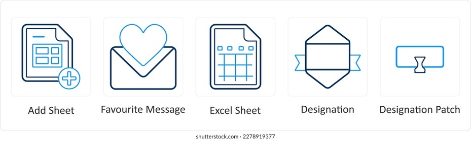 A set of 5 mix icons as add sheet, favorite message, excel sheet