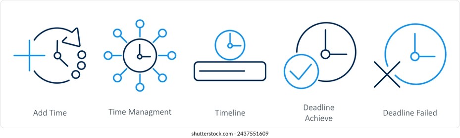 A set of 5 mix icons as add time, time management, time line