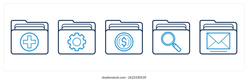A set of 5 mix icons as add folder, folder settting, finance folder