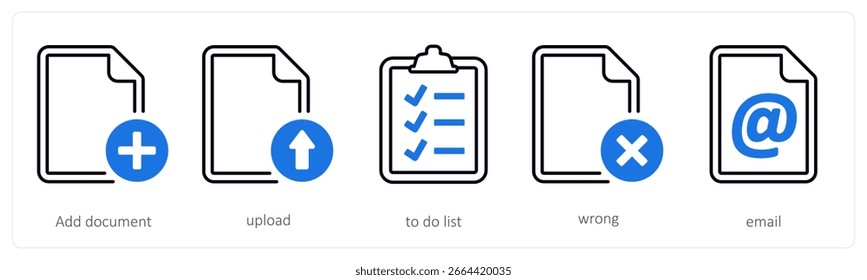 Um conjunto de 5 ícones mistos como adicionar documento, carregar, lista de tarefas pendentes