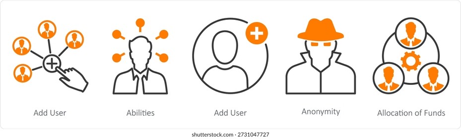 A set of 5 mix icons as add user, abilities, anonymity