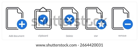 A set of 5 mix icons as add document, clipboard, delete
