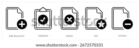 A set of 5 mix icons as add document, clipboard, delete