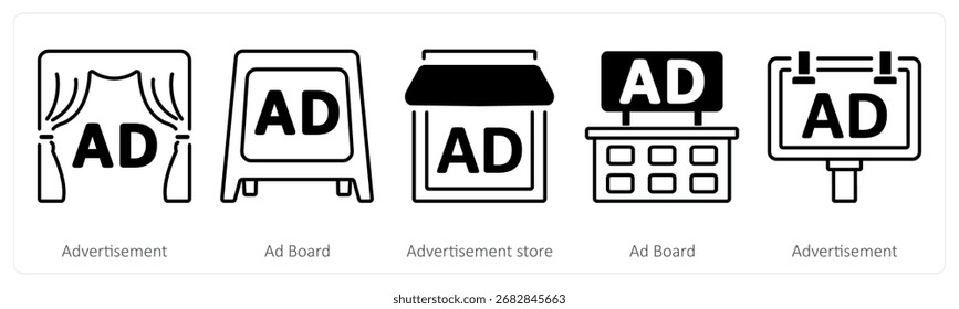 Un conjunto de 5 iconos de la mezcla como anuncio, tablero de anuncios, tienda de publicidad