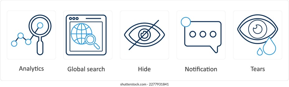 A set of 5 mix icons as analytics, global search, hide