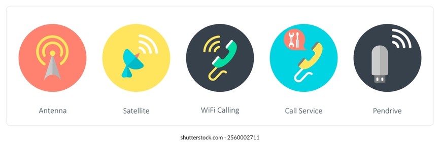 A set of 5 mix icons as antenna, satellite, wifi calling