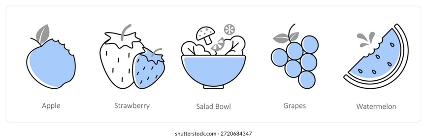 Um conjunto de 5 ícones de mistura como maçã, morango, tigela de salada em cor cinza